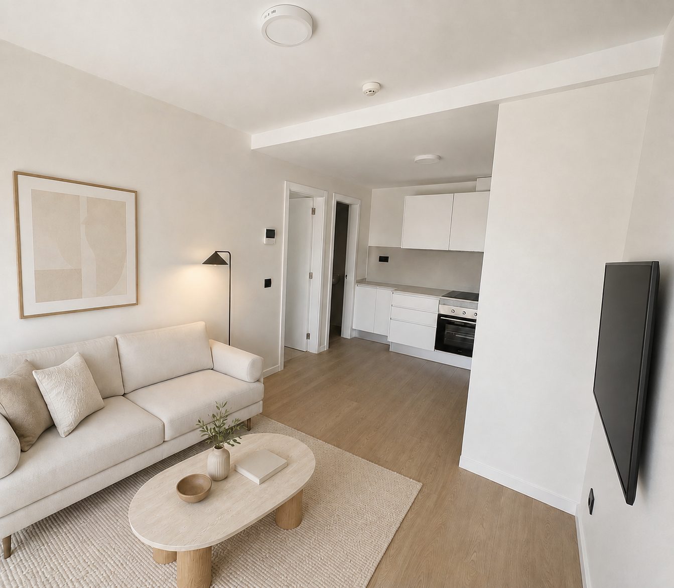 Salón y cocina del apartamento piloto, ambientación posible